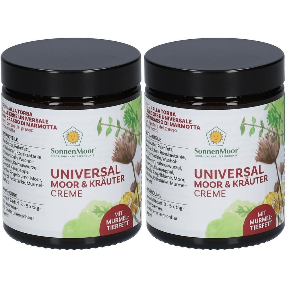 Zwei Tiegel SonnenMoor UNIVERSAL MOOR & KRÄUTER Creme. Schwarze Deckel, weiße Etiketten mit Produktnamen und Logo. Aufschrift: MIT MURMEL TIERFETT.