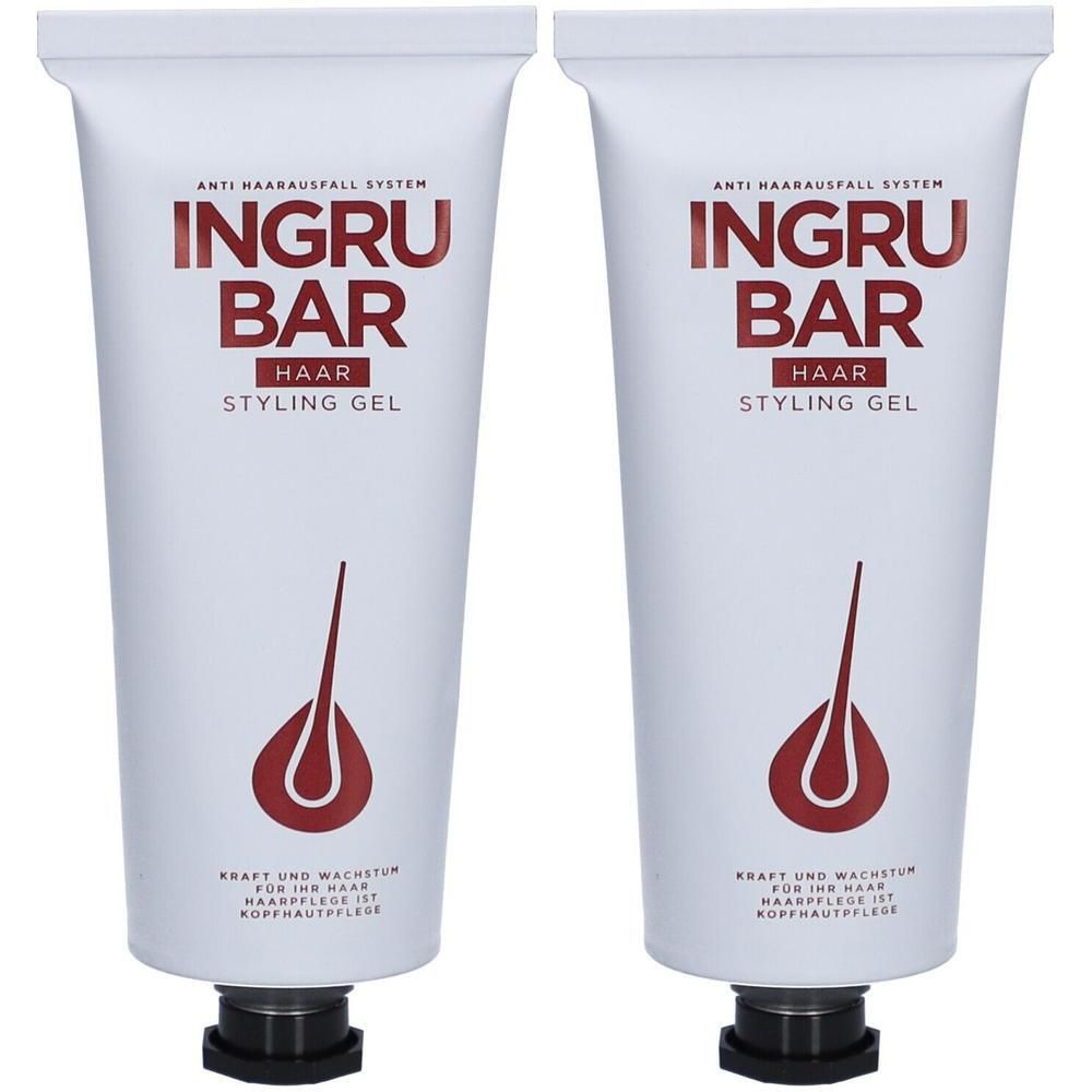 Zwei Tuben Ingrubar Haar Styling Gel mit Anti-Haarausfall-System. Weiße Tuben mit rotem Logo und Text.