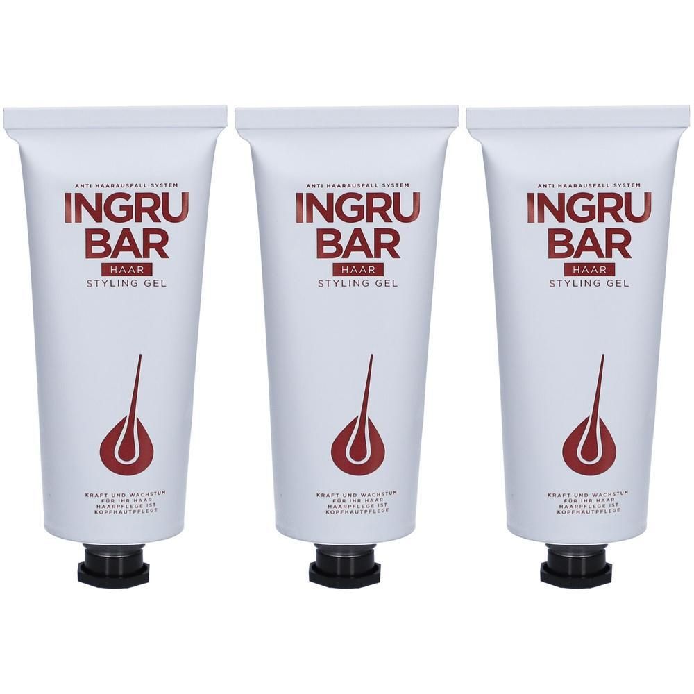 Drei weiße Tuben Ingubar Haar Styling Gel mit rotem Logo und Haarsymbol.