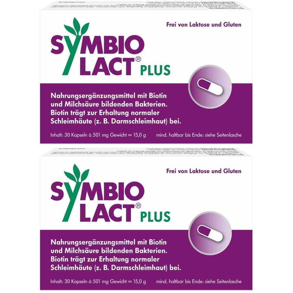 Zwei Packungen SymbioLact Plus. Weiße Schachteln mit lila Streifen und Produktnamen. Text: Frei von Laktose und Gluten.