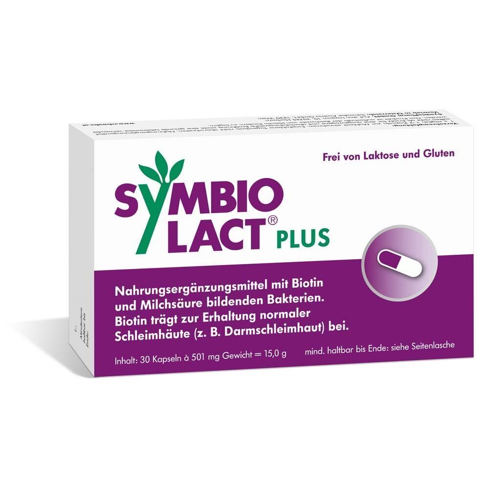 SymbioLact Plus Packung. Weiße Schachtel mit lila Streifen und Produktnamen. Text: Frei von Laktose und Gluten. Kapsel-Symbol.