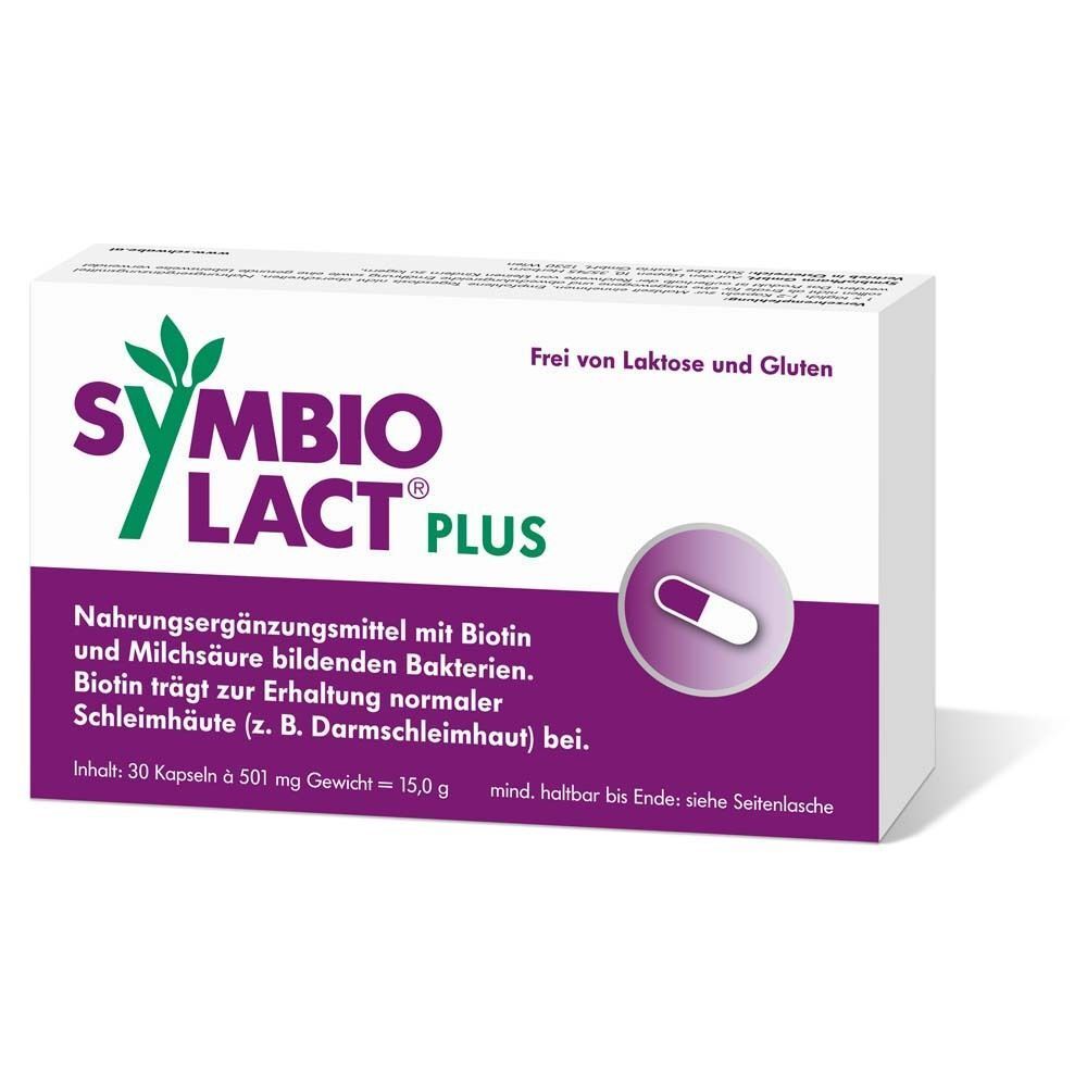 SymbioLact Plus Packung. Weiße Schachtel mit lila Streifen und Produktnamen. Text: Frei von Laktose und Gluten. Kapsel-Symbol.