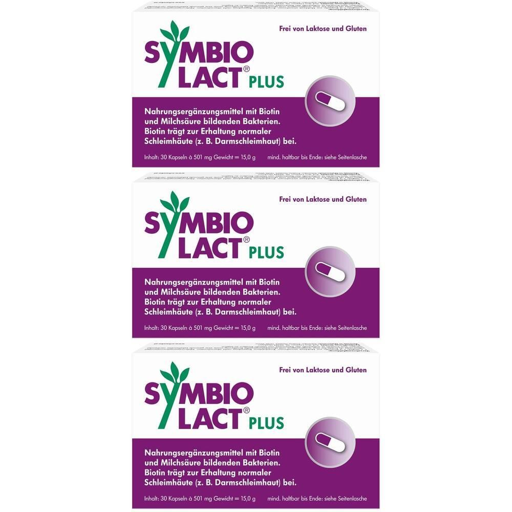 Drei Packungen SymbioLact® Plus. Weiße Schachteln mit lila Akzenten und Produktinformationen. Oben links Logo und Schriftzug.