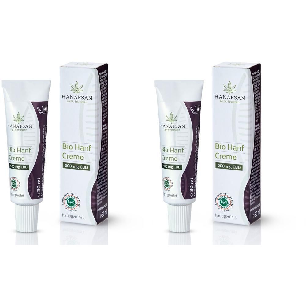 Zwei Tuben und Kartons mit HANAFSAN Bio Hanf Creme 300 mg CBD.