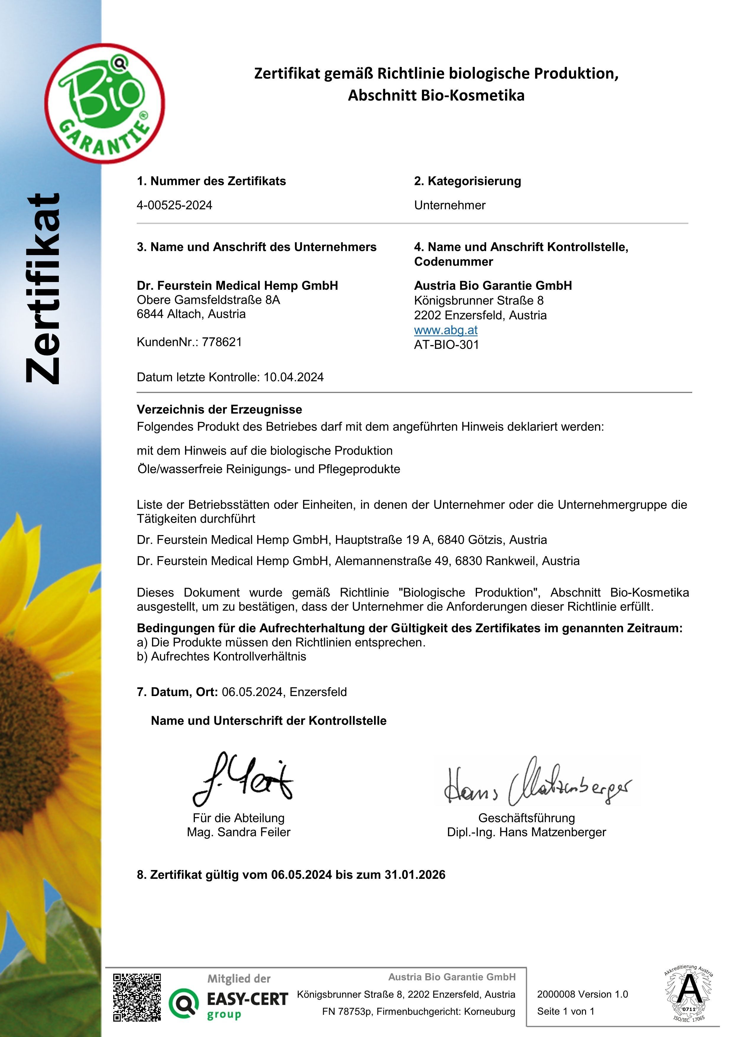 Zertifikat Bio Garantie für Bio Hanf Creme, gültig bis 31.01.2026.