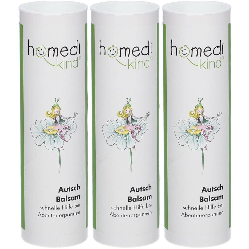 Drei Tuben homedi-kind Autsch Balsam mit Blumenfee-Illustration. Text: Autsch Balsam, schnelle Hilfe bei Abenteuerpannen.