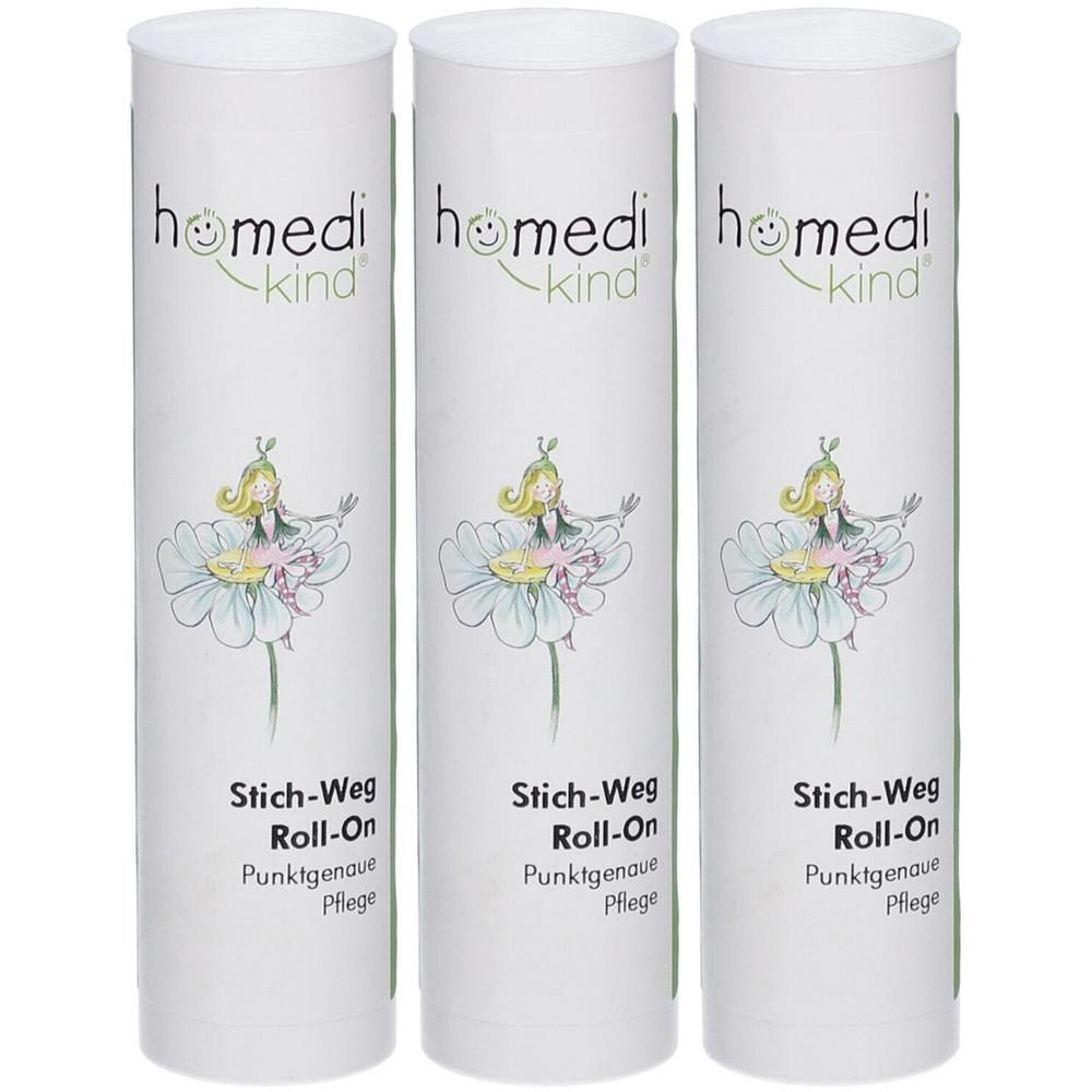 Drei Roll-on Flaschen mit der Aufschrift 'homedi kind Stich-Weg Roll-On'.