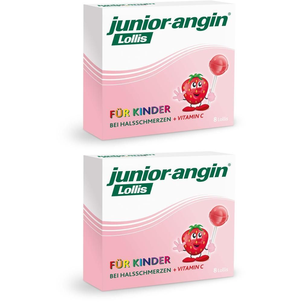 Zwei Packungen junior-angin® Lollis. Rosa Verpackung mit Logo und Erdbeere-Illustration. Text: Für Kinder bei Halsschmerzen + Vitamin C.