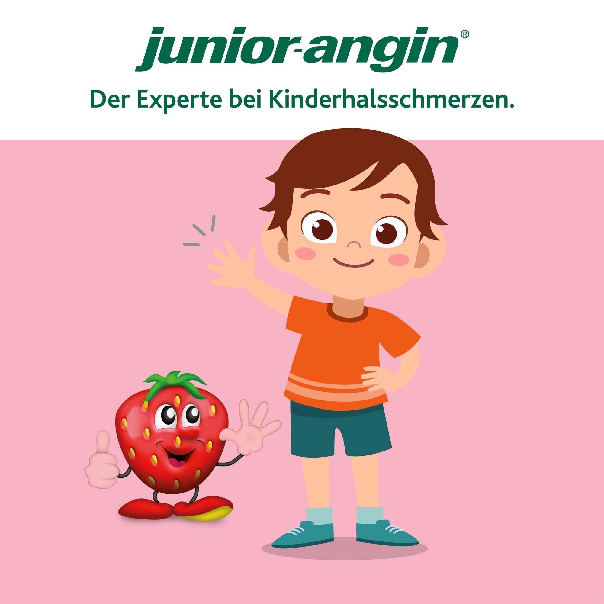 Illustration eines lächelnden Kindes und einer Erdbeere. Text: junior-angin®, Der Experte bei Kinderhalsschmerzen.