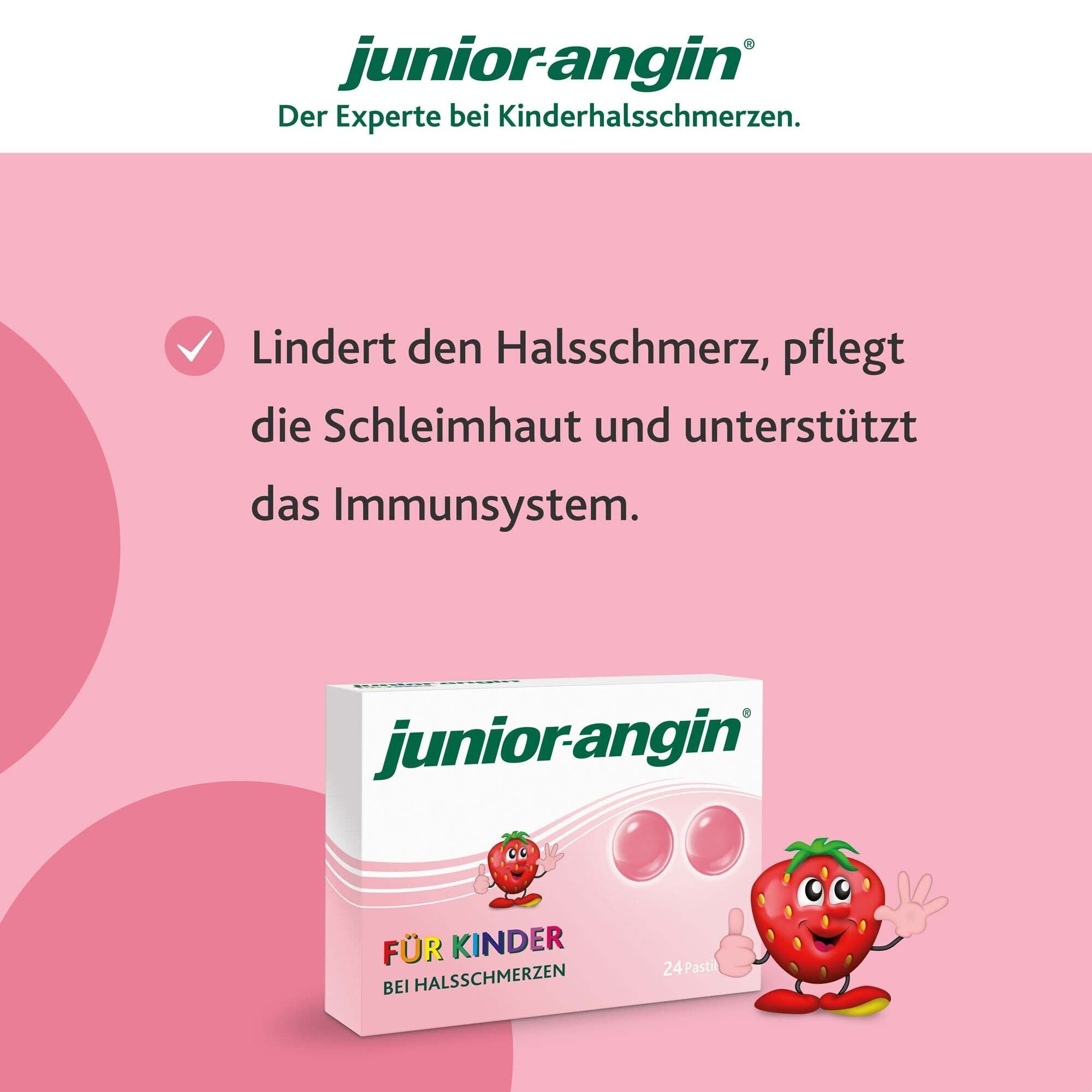 Packung junior-angin® Lollis mit zwei Pastillen. Erdbeer-Illustration. Text: Lindert Halsschmerzen, pflegt Schleimhaut, unterstützt Immunsystem.
