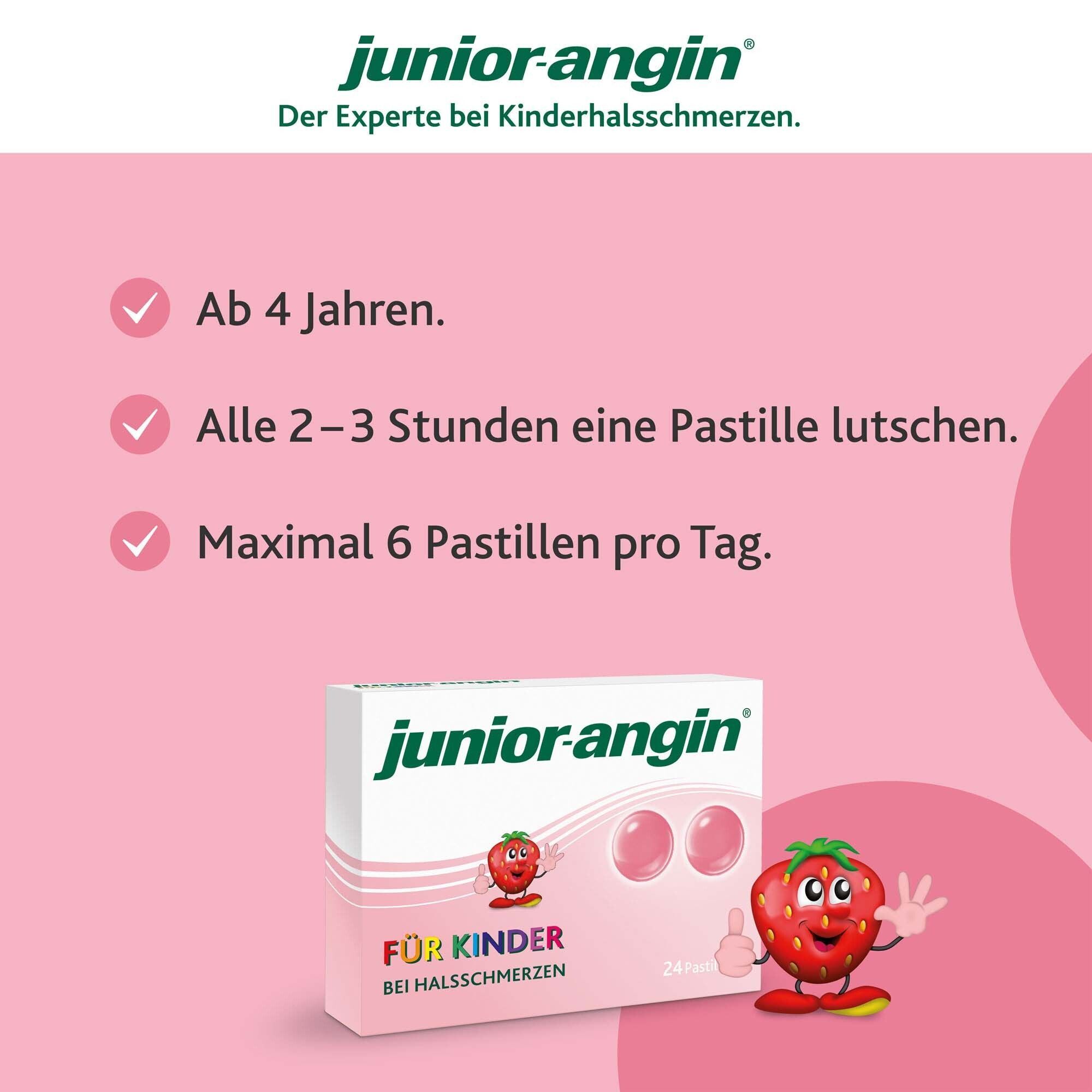 Packung junior-angin® Lollis mit zwei Pastillen. Erdbeer-Illustration. Text: Ab 4 Jahren. Alle 2-3 Stunden eine Pastille lutschen. Maximal 6 Pastillen pro Tag.