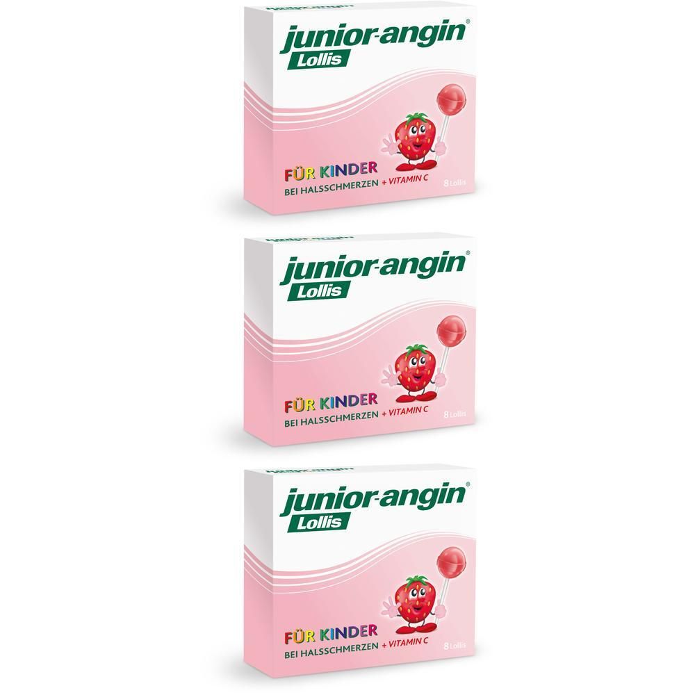 Drei Schachteln junior-angin® Lollis. Aufdruck: FOR KINDER, Erdbeere, Vitamin C. Einzelne Lollis sichtbar.