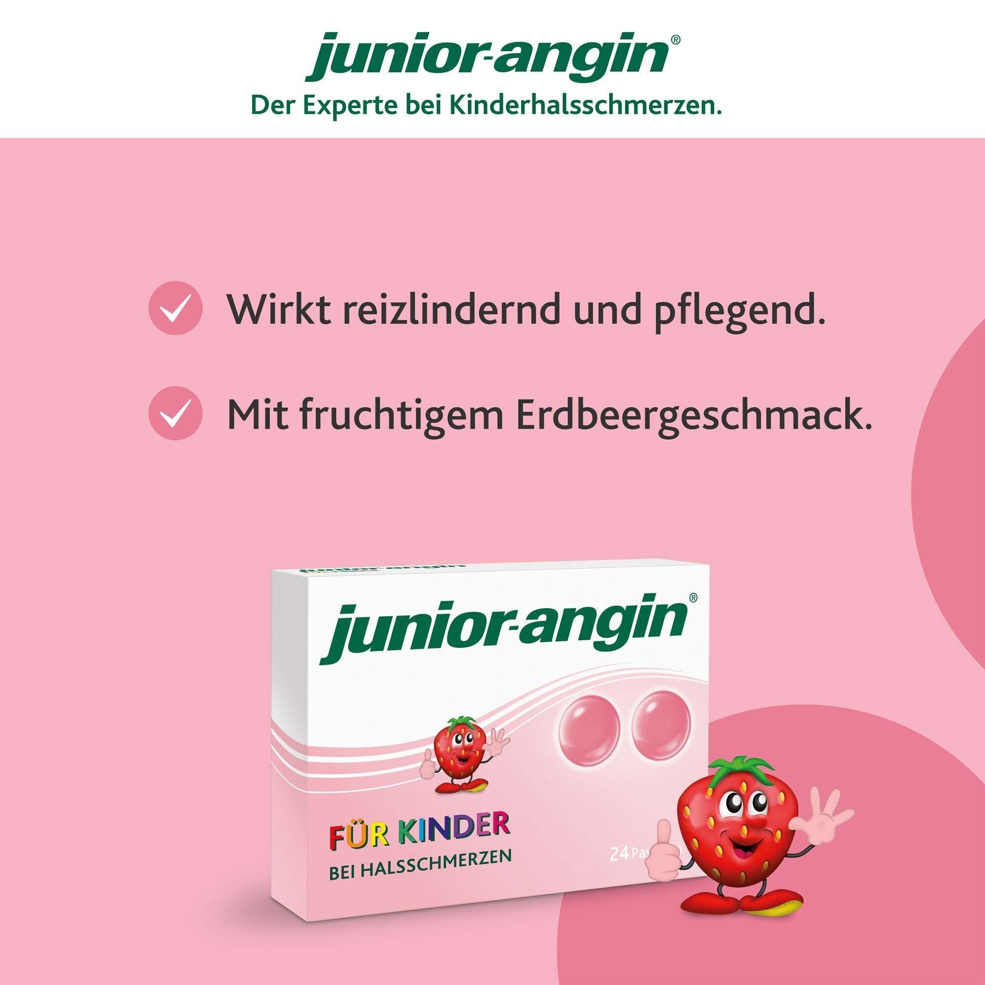 Schachtel junior-angin® Lollis. Text: Wirkt reizlindernd und pflegend. Mit fruchtigem Erdbeergeschmack. Erdbeere.