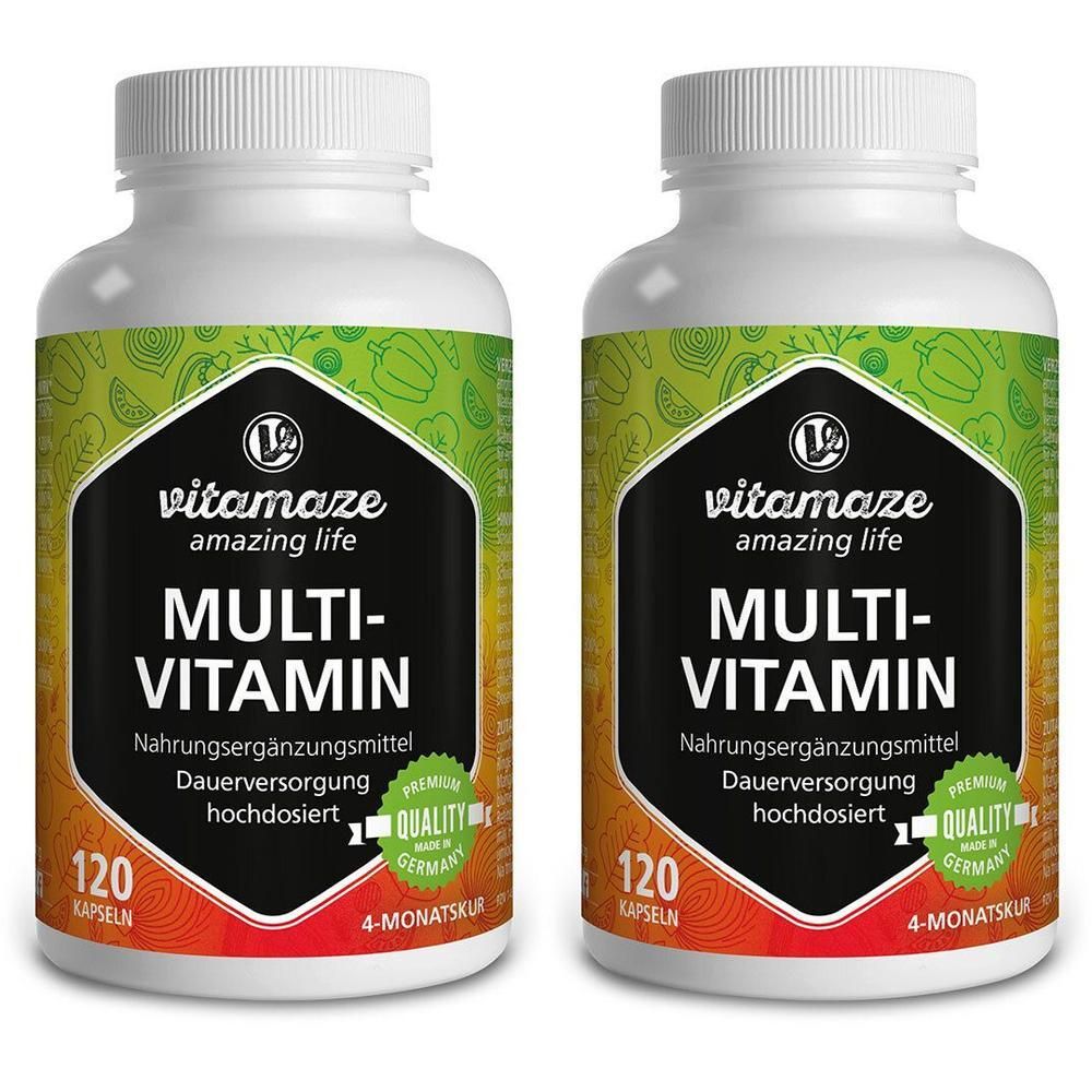 Zwei weiße Flaschen mit Schraubverschluss. Auf jeder Flasche steht "vitamaze MULTI-VITAMIN". Enthält 120 Kapseln. Mit Qualitätsiegel.