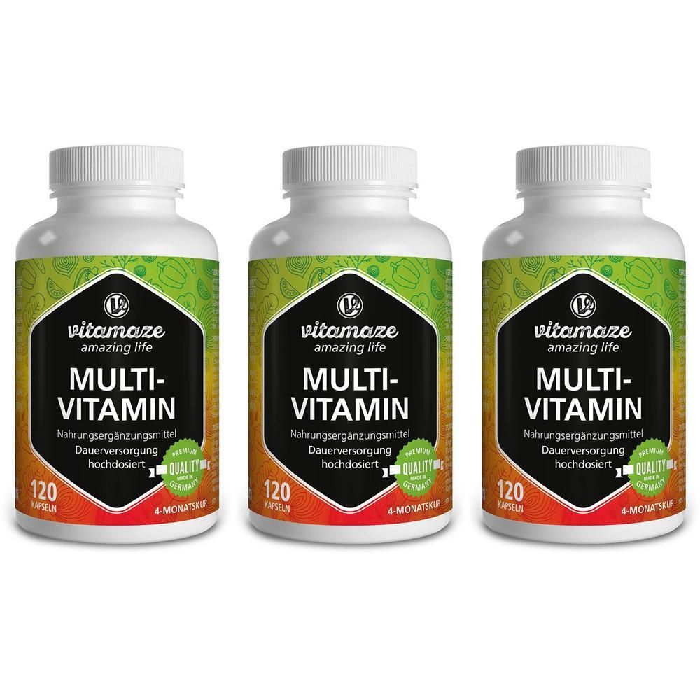 Drei weiße Flaschen mit Schraubverschluss. Auf jeder Flasche steht „vitamaze MULTI-VITAMIN“. Jede Flasche enthält 120 Kapseln.
