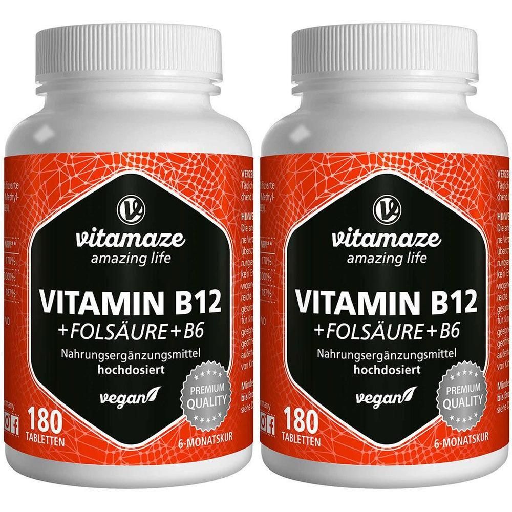 Zwei weiße Flaschen mit rotem Etikett. Aufschrift: Vitamin B12 + Folsäure + B6, Nahrungsergänzungsmittel, vegan, 180 Tabletten, Premium Quality.