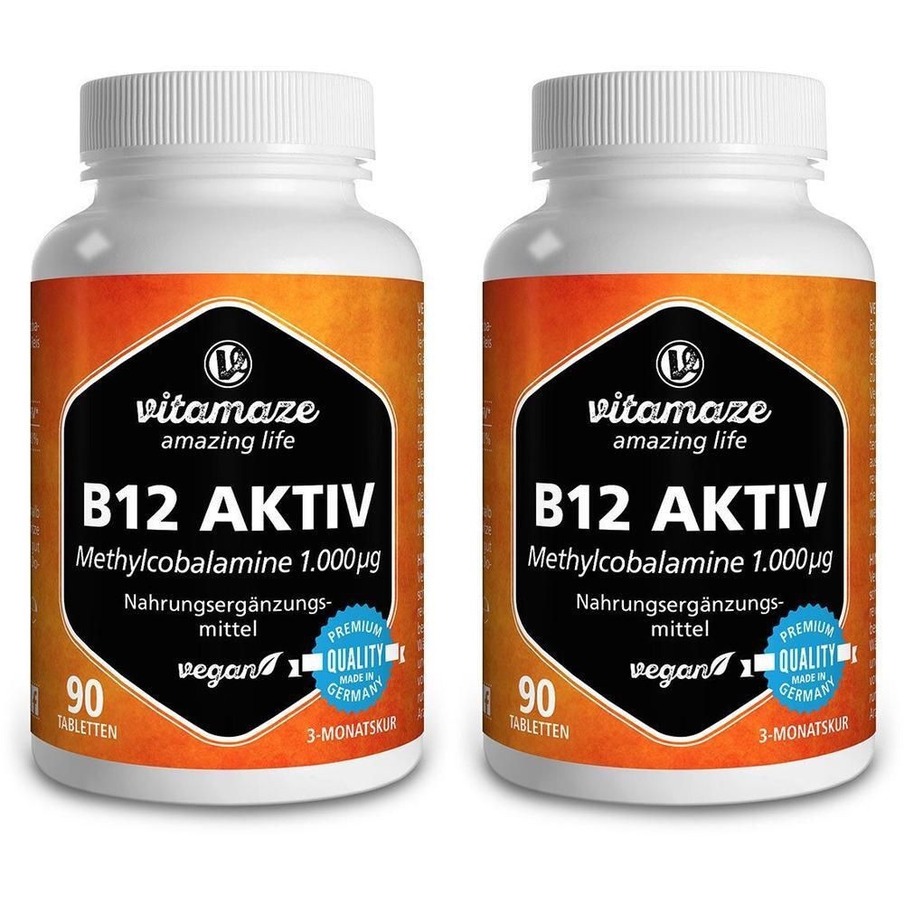 Zwei weiße Flaschen mit Schraubverschluss. Aufschrift: B12 AKTIV, Methylcobalamine 1.000µg, 90 Tabletten, vegan. Qualitätszeichen.