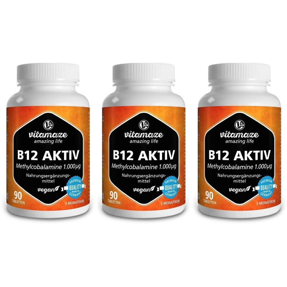 Drei weiße Flaschen mit Schraubverschluss. Auf jeder Flasche steht: B12 AKTIV, Methylcobalamine 1.000µg, 90 Tabletten, vegan.