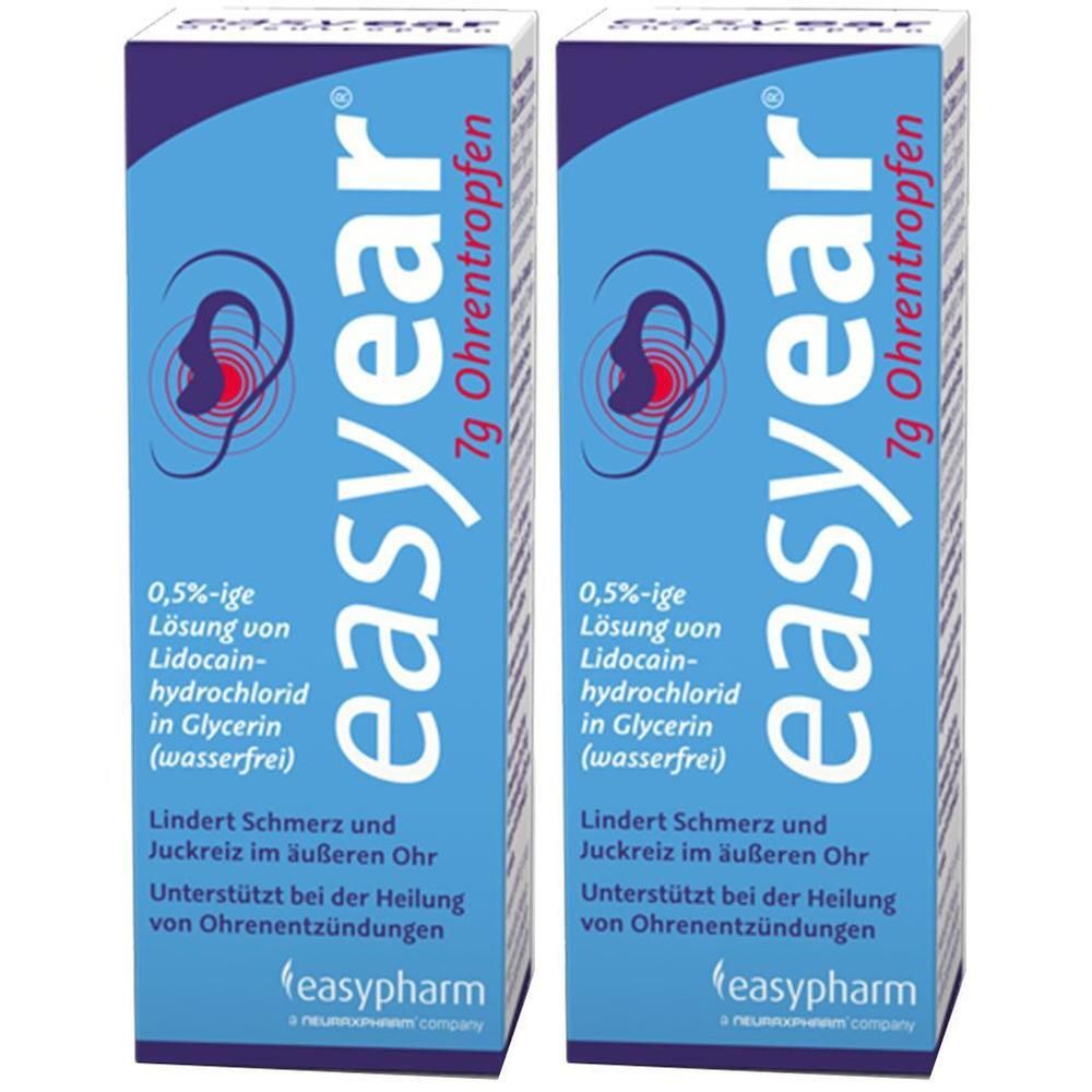 Zwei Packungen Easyear Ohrentropfen mit je 7g. Blaue Verpackung mit weißer Schrift und einem stilisierten Ohr.