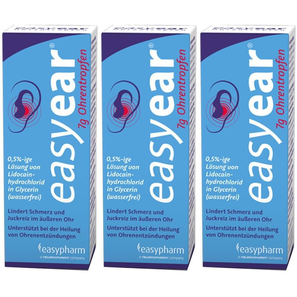 Drei Packungen Easyear Ohrentropfen mit je 7g. Blaue Kartons mit weißer Schrift und einem stilisierten Ohr.
