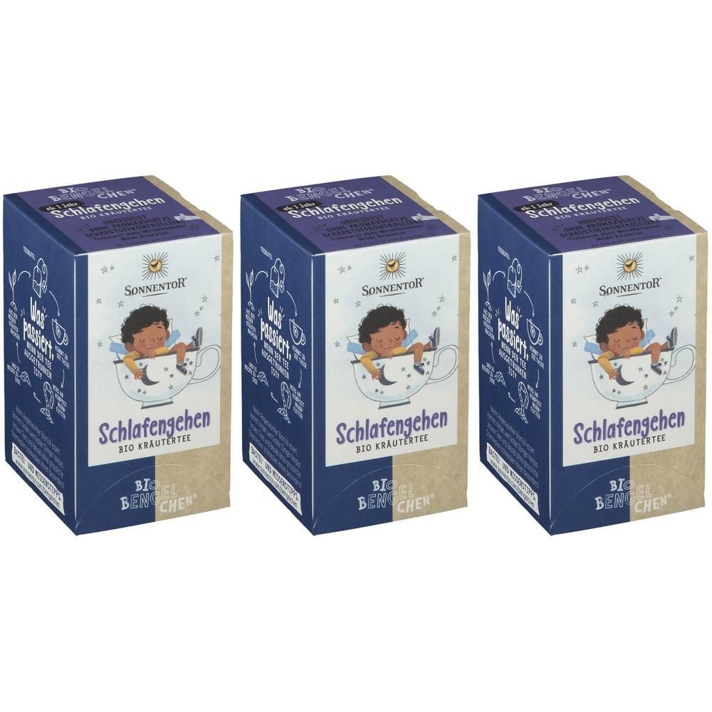 Drei Schachteln Tee. Blaue und beige Verpackung mit Logo und Text. Aufdruck: Schlafengehen Bio Kräutertee. Ein Kind in einer Tasse.
