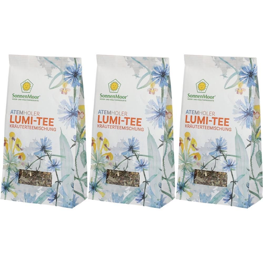 Drei Beutel Kräuterteemischung. Aufdruck: SonnenMoor, ATEMHOLER LUMI-TEE, Kräuterteemischung. Sichtfenster mit Kräutern. Floralmuster.