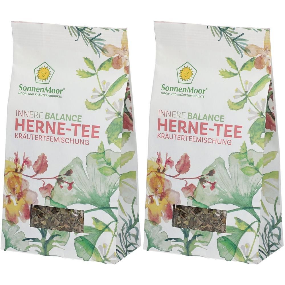 Zwei Beutel Kräuterteemischung. Aufdruck: SonnenMoor, Innere Balance Herne-Tee. Floralmuster, grüne Kräuter sichtbar.