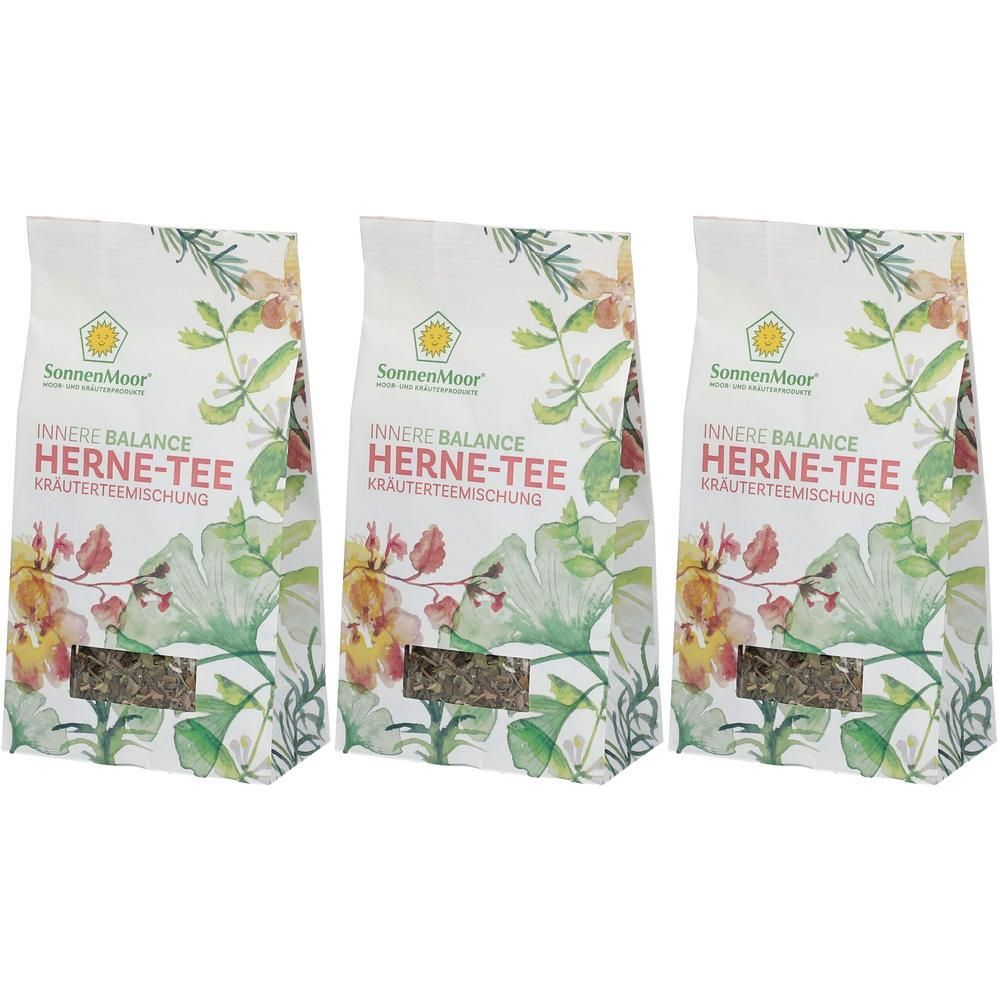 Drei Beutel Kräuterteemischung. Aufdruck: SonnenMoor, INNERE BALANCE, HERNE-TEE, Kräuterteemischung. Floral-Dekor.