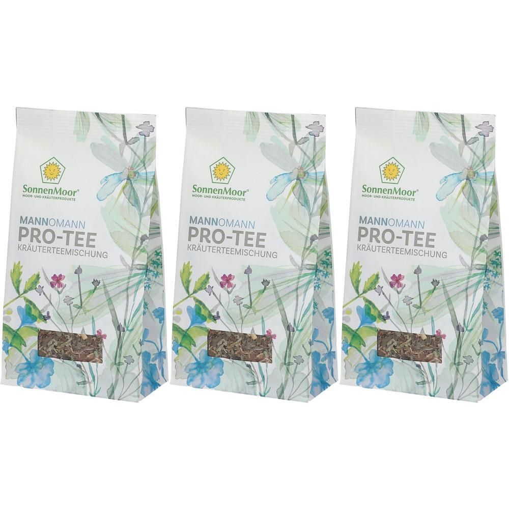 Drei Beutel Kräuterteemischung. Aufdruck: SonnenMoor, MANNOMANN PRO-TEE Kräuterteemischung. Floral-Design.