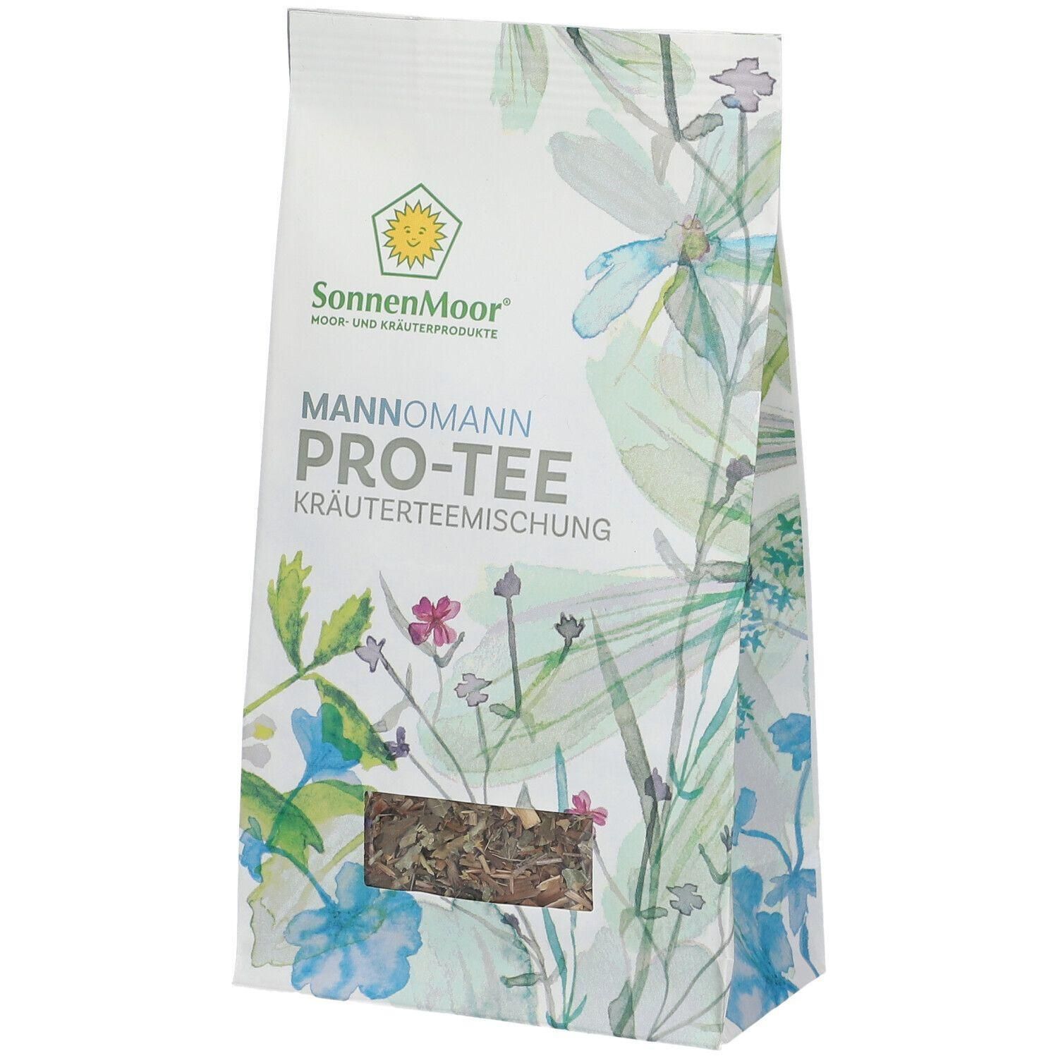 Verpackung mit Kräutermischung. Sichtfenster zeigt Inhalt. Logo SonnenMoor. Schriftzug: MANNOMANN PRO-TEE Kräutermischung.