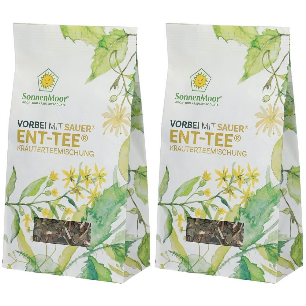 Zwei Beutel Kräuterteemischung. Sichtfenster zeigt Inhalt. Aufdruck: SonnenMoor, ENT-TEE, Kräutermischung.