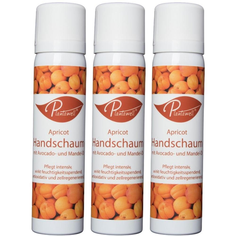 Drei Flaschen Plantawell® Handschaum Apricot mit Avocado- und Mandelöl. Intensive Pflege.