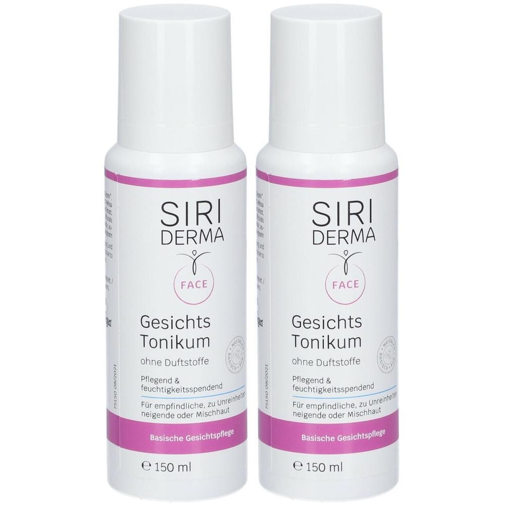 Zwei weiße Flaschen mit rosa Akzenten. Aufschrift: SIRI DERMA, Gesichts Tonikum. Ohne Duftstoffe. 150 ml.