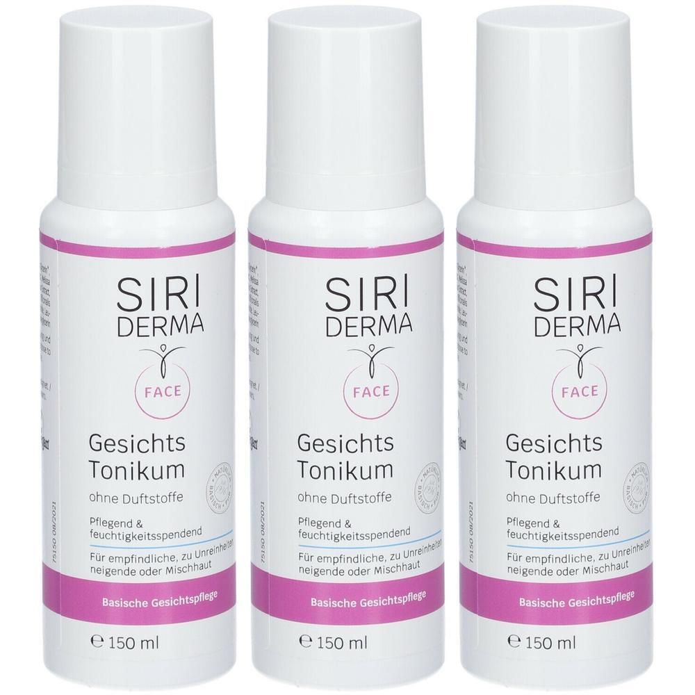 Drei weiße Flaschen mit rosa Akzenten. Aufschrift: SIRI DERMA FACE Gesichts Tonikum. Text: ohne Duftstoffe, für empfindliche Haut.