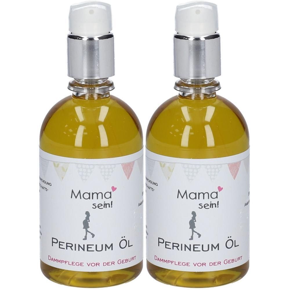 Zwei Flaschen mit gelbem Öl. Auf den Etiketten steht "Mama sein!" und "PERINEUM ÖL". Die Flaschen haben einen silbernen Sprühkopf.