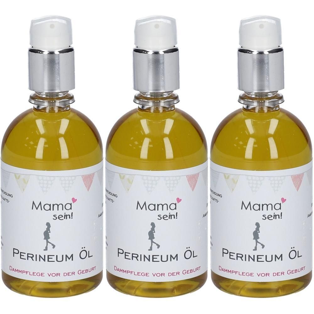 Drei Flaschen mit gelbem Öl. Auf den Etiketten steht "Mama sein!" und "Perineum Öl". Die Flaschen haben silberne Pumpköpfe.
