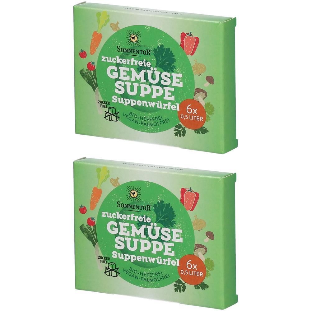 Zwei grüne Kartons mit Aufschrift 'GEMÜSE SUPPE'. Enthält 6 Suppenwürfel. Marke: SonnentoR. Vegan, bio, hefefrei, palmfettfrei.