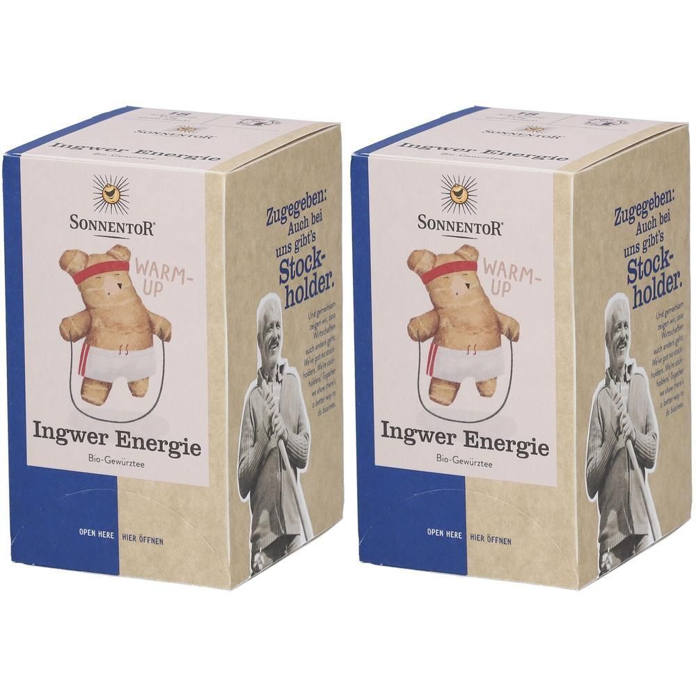 Zwei rechteckige Kartons mit Ingwer Energie Tee. Aufdruck: Bär beim Seilspringen, Marke SonnentoR. Text: Ingwer Energie, Warm-Up.