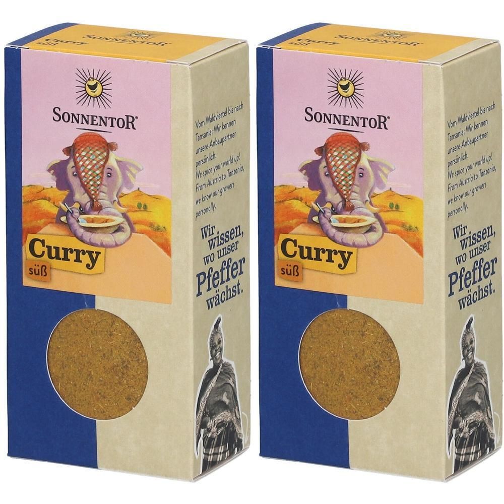 Zwei Kartonverpackungen mit SonnentoR Curry süß. Aufdruck: Logo, Illustration eines Elefanten, Produktname, Text.