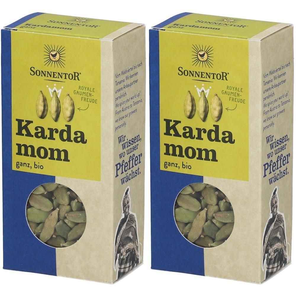 Zwei Kartons mit SonnentoR Kardamom ganz, bio. Gelbe und blaue Verpackung mit Produktnamen und Logo.