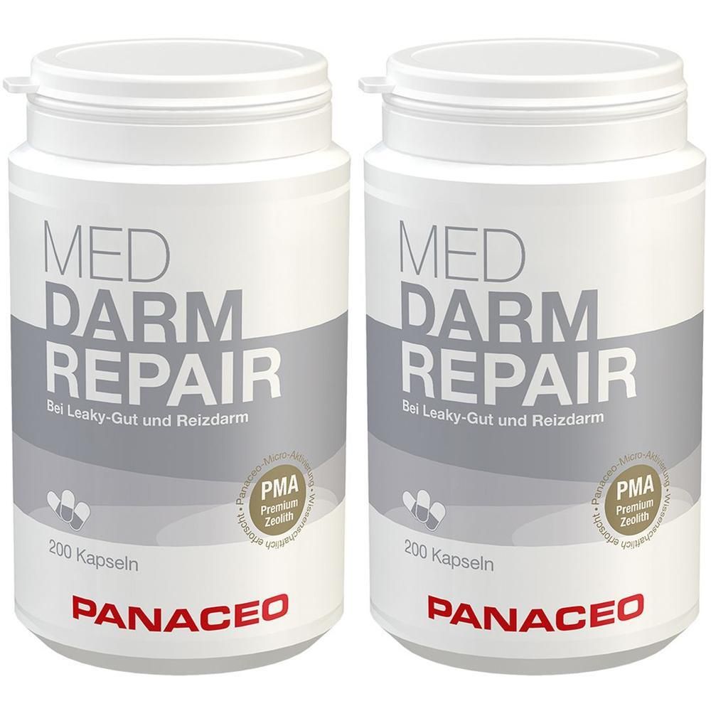 Zwei weiße Flaschen mit Deckel. Aufschrift: MED DARM REPAIR, 200 Kapseln, PANACEO. Mit PMA-Siegel. Für Leaky-Gut und Reizdarm.