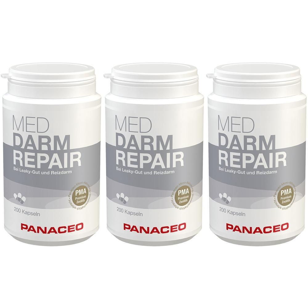 Drei weiße Dosen mit Deckel. Aufschrift: MED DARM REPAIR, 200 Kapseln, PANACEO. Mit PMA-Siegel.