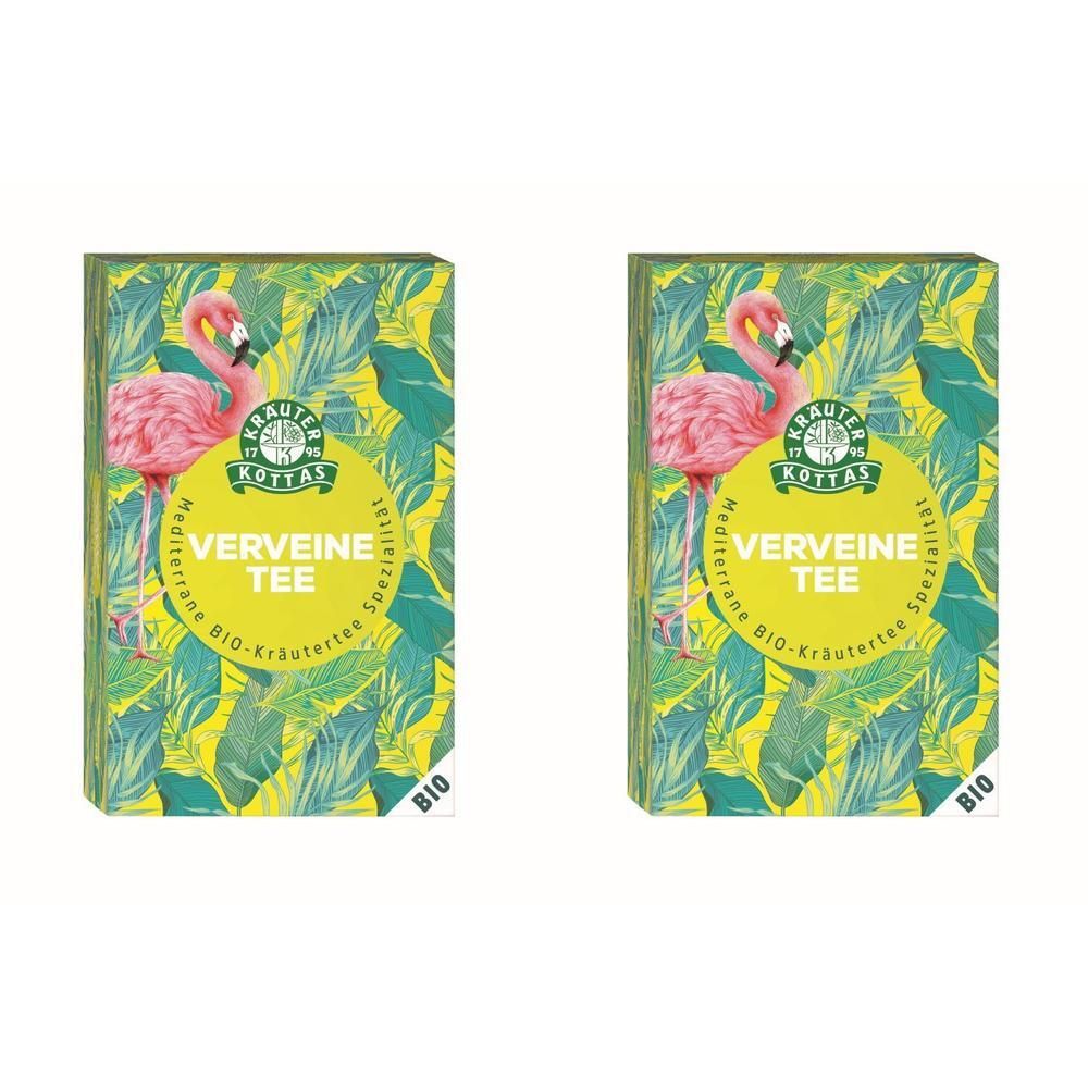 Zwei rechteckige Kartonverpackungen mit Flamingo-Motiv und gelbem Hintergrund. Aufschrift: VERVEINE TEE, BIO.