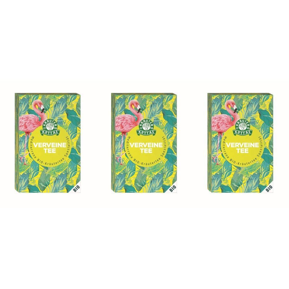 Drei Schachteln Verveine Tee. Jede Schachtel zeigt einen Flamingo, grüne Blätter und gelben Hintergrund. Text: Verveine Tee.