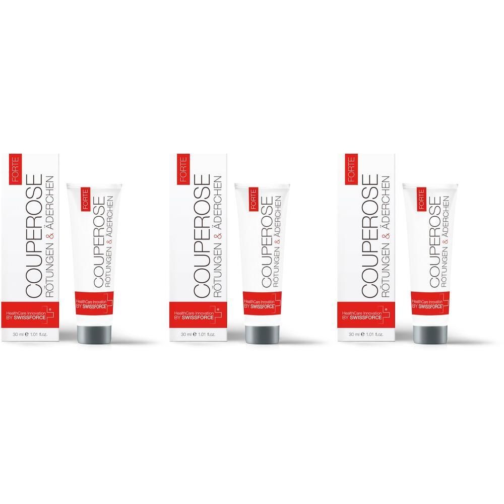 Drei Tuben und Kartons mit Couperose Rötungen & Aderchen Forte von Swissforce.