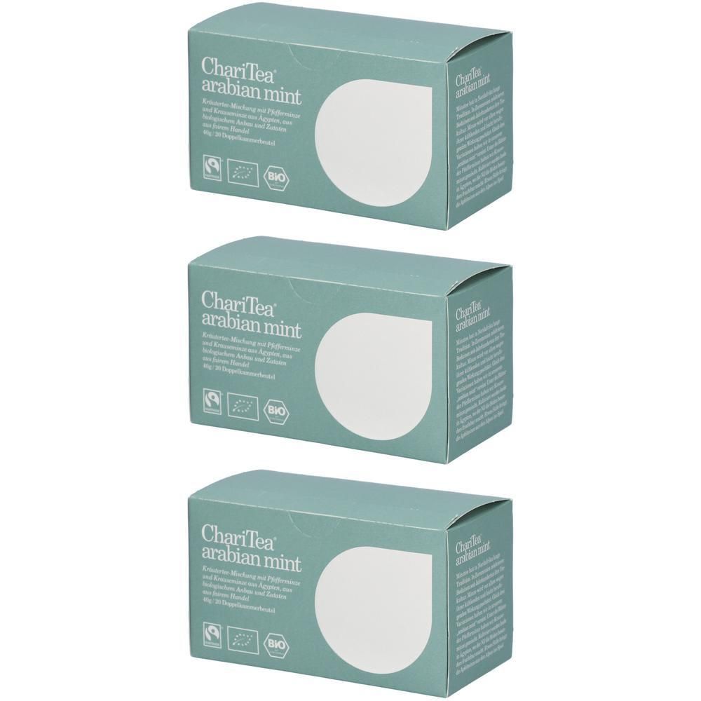 Drei Schachteln ChariTea arabian mint. Hellgrüne Verpackung mit weißem Tropfen-Design. Bio-Siegel.
