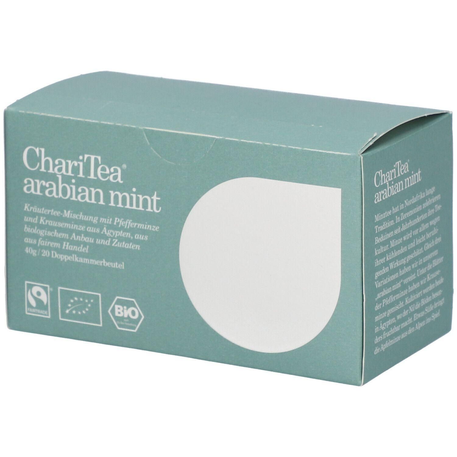Hellgrüne Kartonverpackung mit der Aufschrift "ChariTea arabian mint". Enthält Kräutermischung mit Pfefferminze. Bio-Siegel.