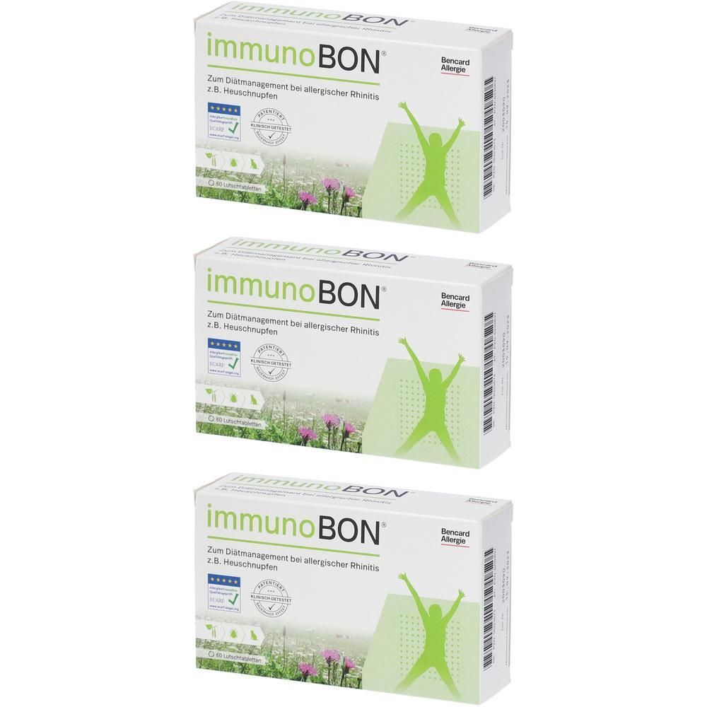 Drei Schachteln immunoBON Lutschtabletten. Weiße Verpackung mit grünem Logo und Text. Aufschrift: Zum Störungsmanagement bei allergischer Rhinitis.