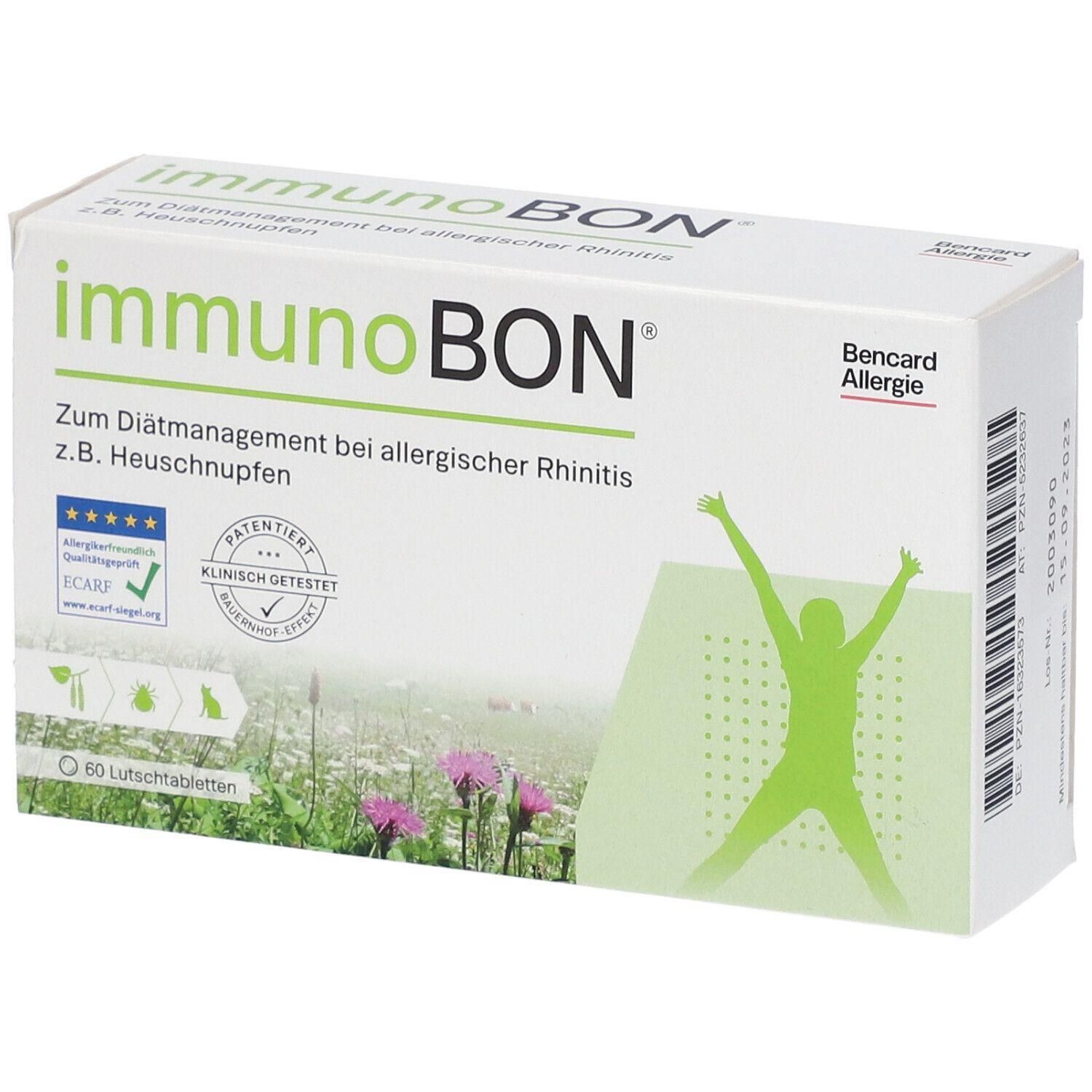 Weiße Schachtel mit "immunoBON"-Schriftzug. Enthält 60 Lutschtabletten. Aufdrucke: "Zum Diätmanagement bei allergischer Rhinitis", Logos und Zertifizierungen.