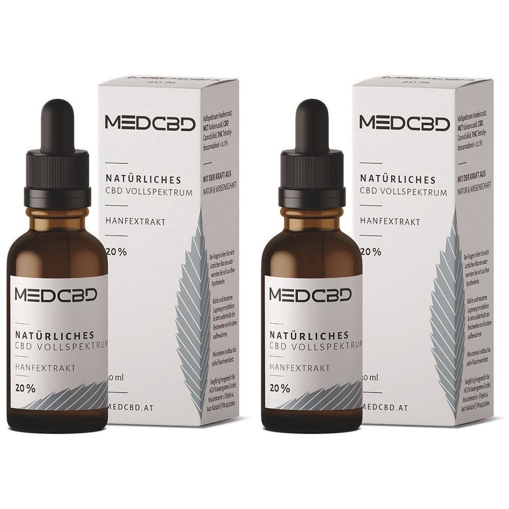 Zwei Flaschen MEDCBD natürliches CBD Vollspektrum Hanextrakt 20% mit Pipetten und Umverpackungen.